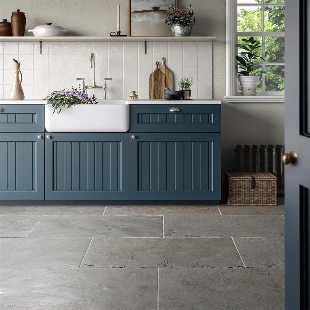 Castleford Grey Natural Limestone in a traditional blue kitchen